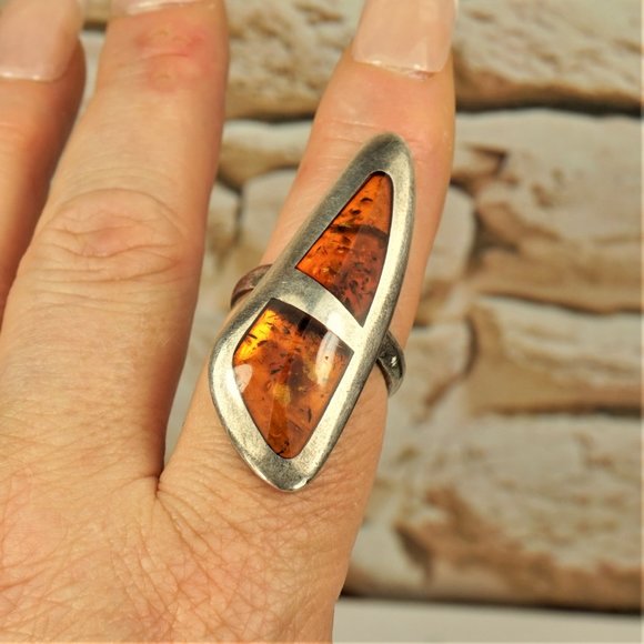 BALTIC AMBER 925 SILVER LONG RING 7.75, RARE TO FIND JEWELRY, GIFT FOR WOMEN - Picture 1 of 10